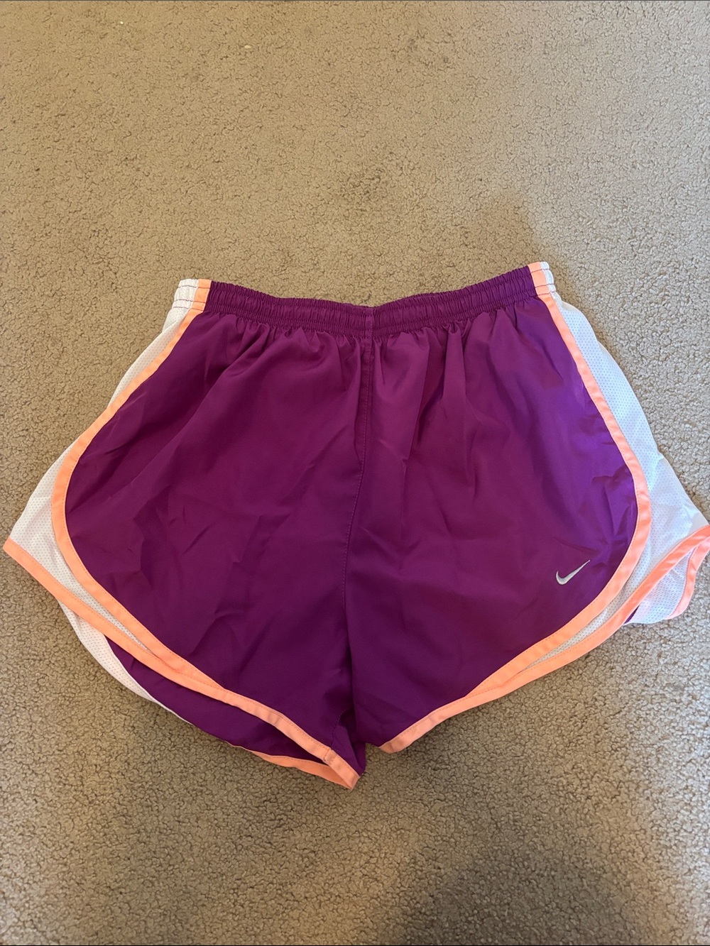 Nike Women's Purple Athletic Shorts with Peach and White Accents